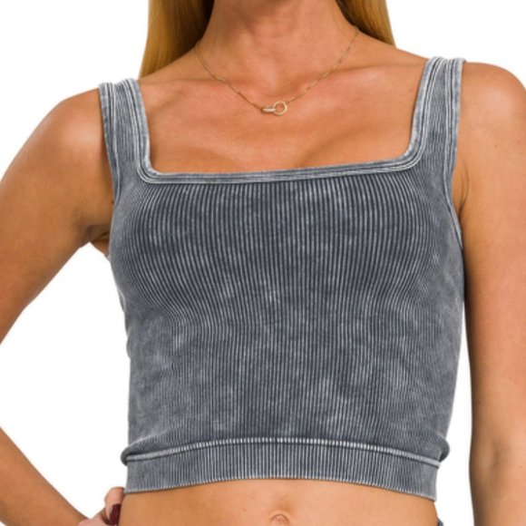 Zenana 2 Way Neckline Washed Ribbed Cropped Tank